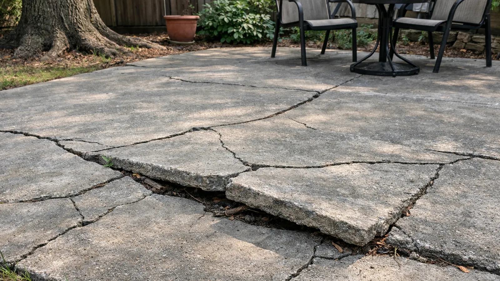 A patio slab cracked and lifted by tree roots and weather-related ground movement.