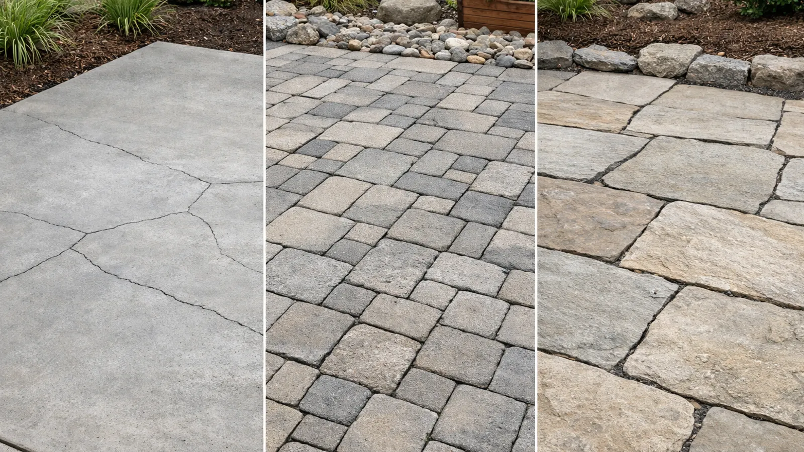 Concrete, paver, and natural stone patio surfaces showing different aging patterns and durability over time.