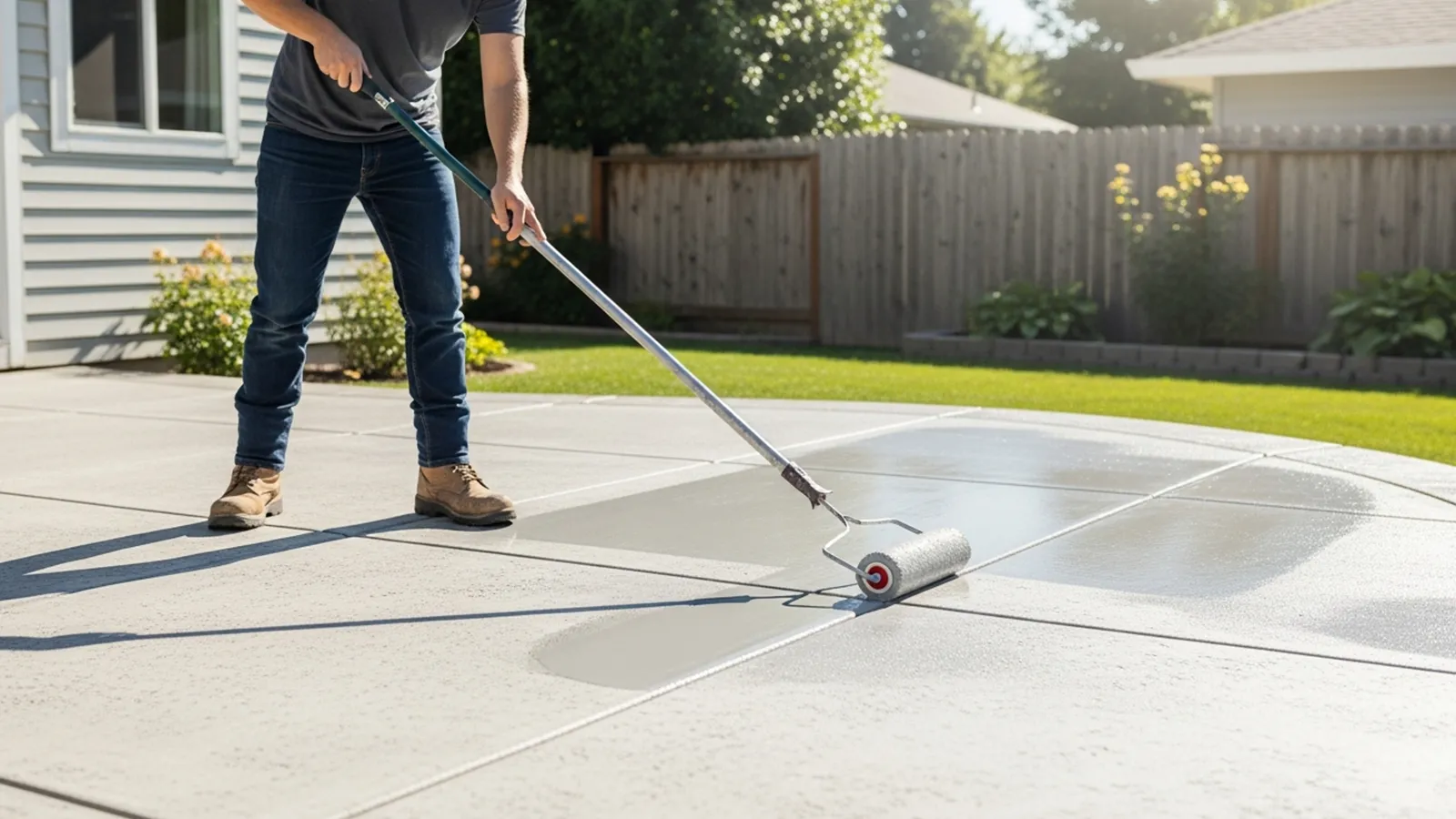 A homeowner applying protective sealer to a concrete patio to slow moisture penetration and crack progression.