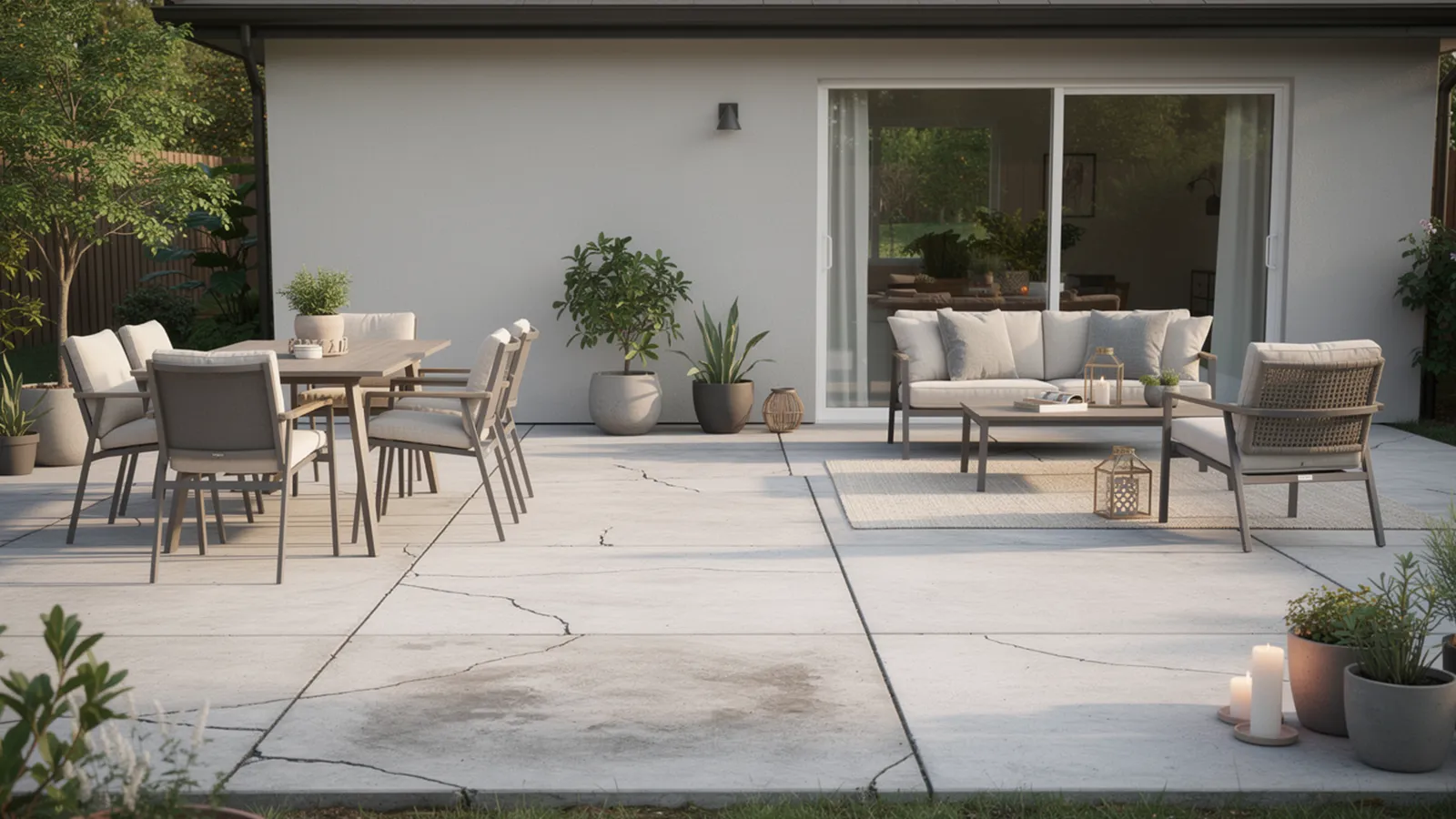 Outdoor concrete patio with furniture and plants showing common patio problems such as surface wear, minor cracks, and drainage-related aging.