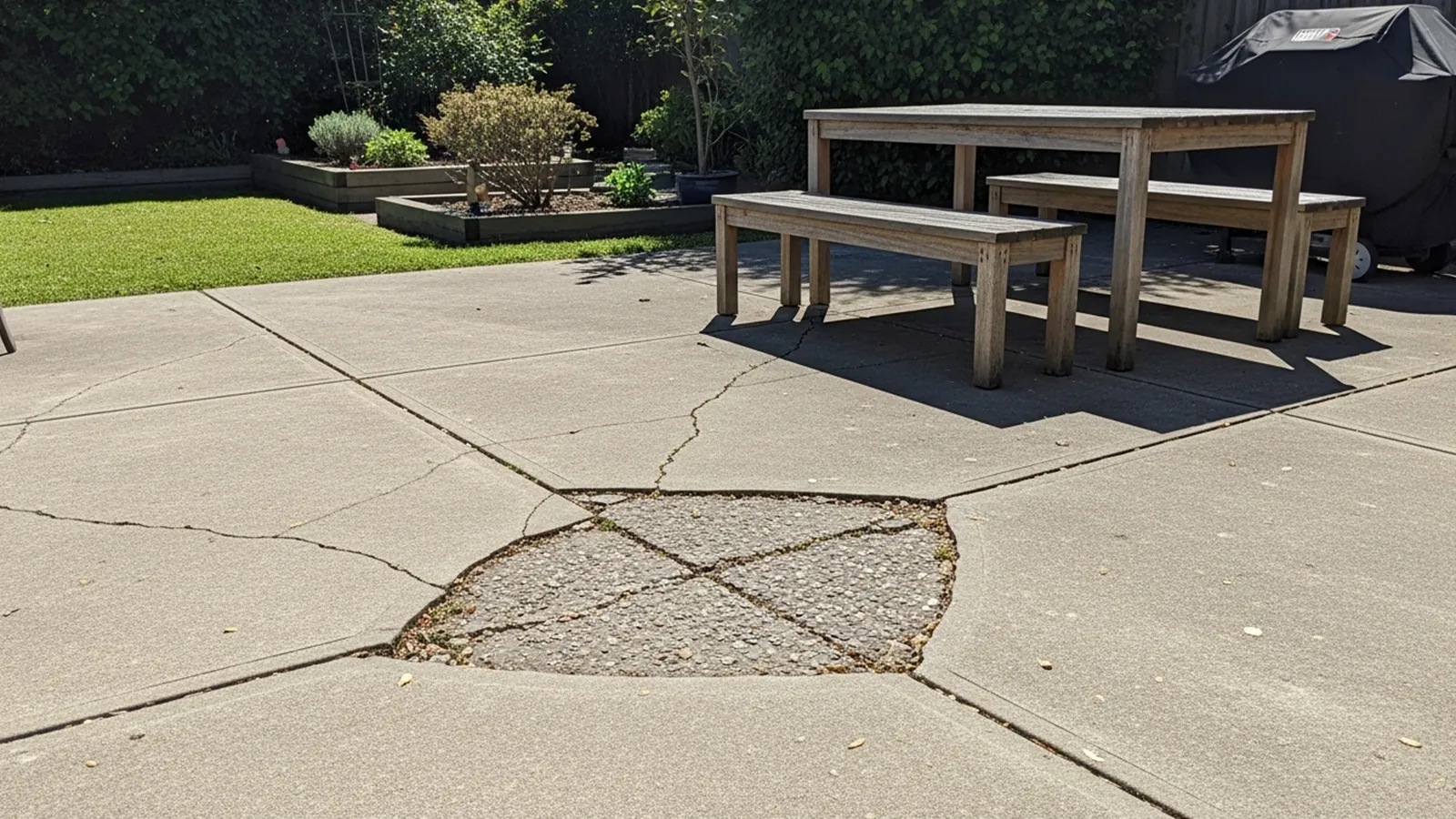A concrete patio showing several common crack patterns caused by soil movement, moisture, and long-term stress.